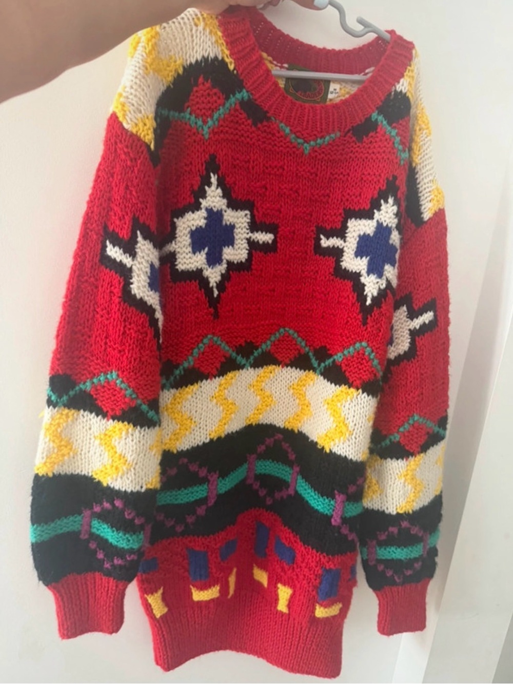 Boston Traders Red Multicolor Geometric Crewneck Sweater
